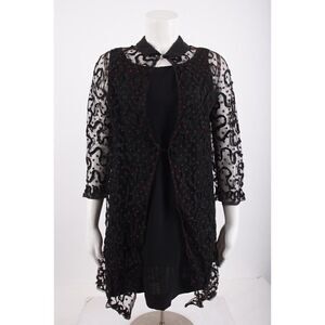 Vintage Toni Lynn Womans Dress Lace Ribbon Over Shirt Black Maroon Dots Mini